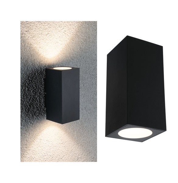 Quadratische LED Wandleuchte für den Außenbereich mit Up und Down Lichtstrahl zur Montage an Fassaden.