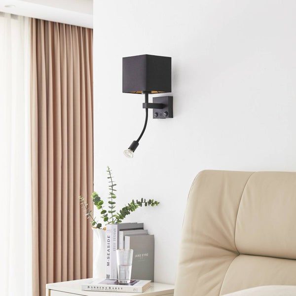 Lindby Wandleuchte, Wandlampe Innen Thoridmit USB Anschluss (Modern) in Schwarz aus Textil (2 flammig E27) - Wandstrahler Wandbeleuchtung Schlafzimmer / Wohnzimmer Wohnzimmerleuchte