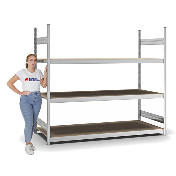 PROREGAL Weitspannregal Stecksystem T-Profil Grundregal HxBxT 200x225x80 cm 3 Ebenen Spanplatten Fachboden Fachlast 350 kg Verzinkt