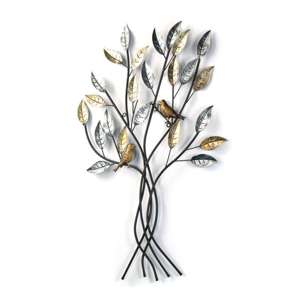 Wanddeko Baum mit Vögeln 76x50 cm, Metall silber-gold