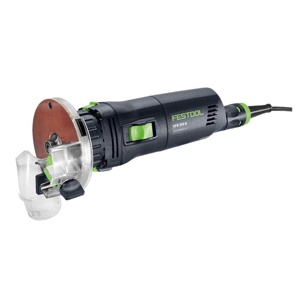Festool Kantenfräse OFK 500 Q in Grün und Schwarz zum präzisen Bündigfräsen und Abrunden von Kanten.