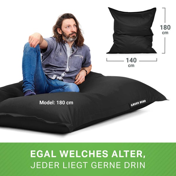 Green Bean Sitzsack XXL 140x180cm 380 Liter Kinder & Erwachsene Bean Bag EPS Perlen Füllung Riesensitzsack Groß Draußen Outdoor Liegekissen Waschbar Wetterfest Lounge Sitzkissen Bodenkissen Schwarz