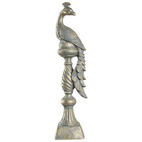 Dekorative Skulptur eines Pfaus auf einem verzierten Sockel, antik-goldene Optik.