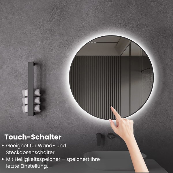 LED Spiegel mit Spiegelheizung Ø 60, 80, 100 cm Schwarz Matt Warm-/Kaltlichteinstellung Badspiegel