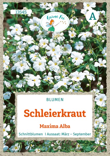 Blumensamen Schleierkraut Maxima Alba, Grüne Fee Logo, geeignet als Schnittblumen, Aussaat von März bis September.