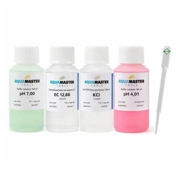 Aqua Master Tools Kalibrier-Set, vier 100 Milliliter Flaschen pH 7,00 grün, EC 12,88 klar, KCl klar, pH 4,01 rosa und eine Pipette.