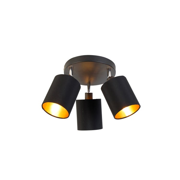 Deckenleuchte mit drei verstellbaren Strahlern, schwarze Textilschirme mit goldener Innenseite.