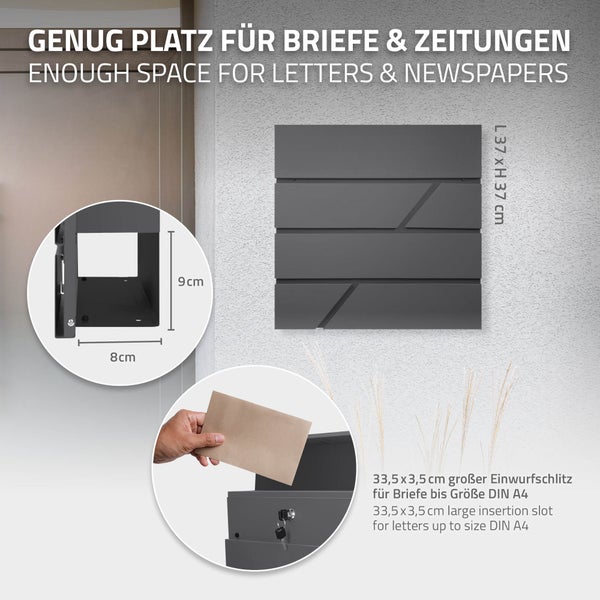 ECD Germany Standbriefkasten mit Zeitungsfach, Briefkasten mit Pfosten, Standfuß freistehend, Briefkastenanlage Briefkastenständer Anthrazit Edelstahl, Postkasten Anthrazit Edelstahl pulverbeschichtet