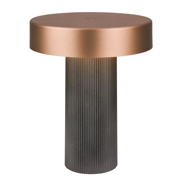 Moderne LED Tischleuchte mit bronzefarbenem Rundschirm und dunkelgrau geriffeltem Standfuß.