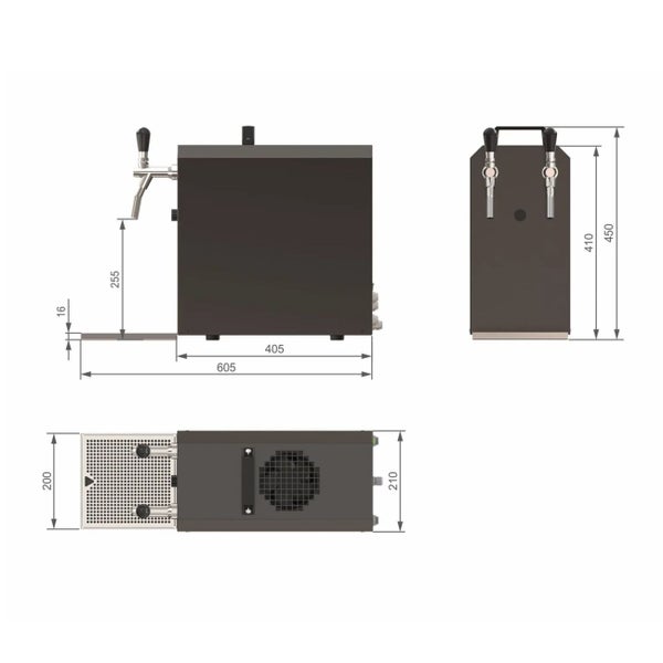 Technische Zeichnung eines Bierzapfers mit Maßangaben