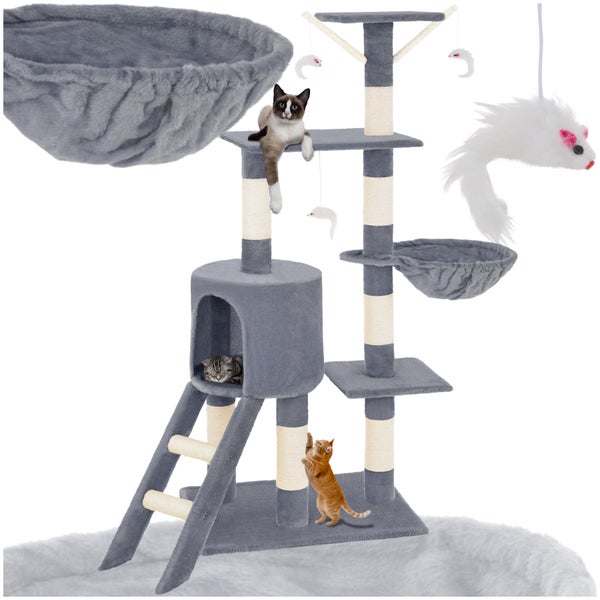 Katzenkratzbaum mit verschiedenen Ebenen, Höhle, Hängematte und Spielzeug