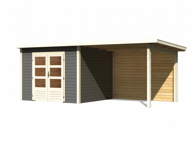 Gartenhaus aus Holz mit Pultdach, Doppeltür mit Glaseinsätzen und integriertem Unterstand.