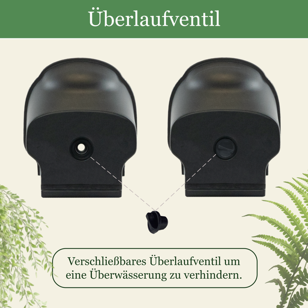 Verschließbares Überlaufventil aus Kunststoff zur Vermeidung von Überwässerung bei Pflanzgefäßen.
