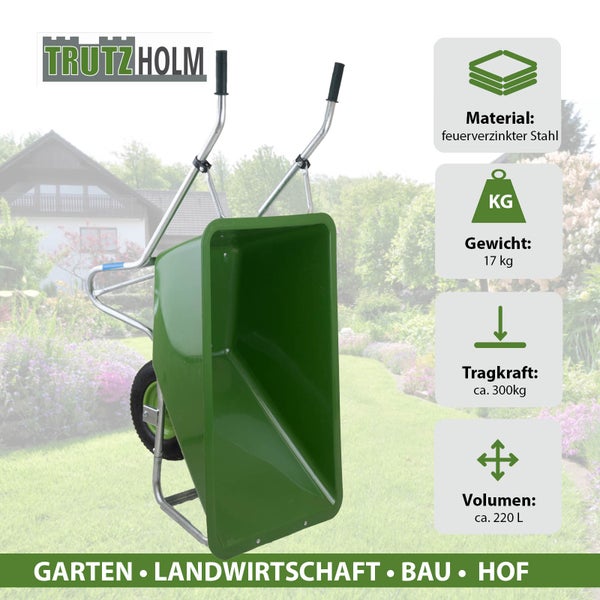 Trutz Holm Schubkarre aus feuerverzinktem Stahl mit einem Volumen von circa 220 Litern und einer Tragkraft von circa 300 Kilogramm