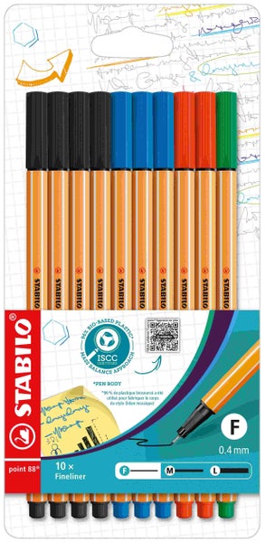Stabilo point 88 Fineliner 10er Set. Orange gestreifte Stifte, feine Spitze 0,4 Millimeter. 96 Prozent Bio-Kunststoff Zertifikat. Stabilo Logo.