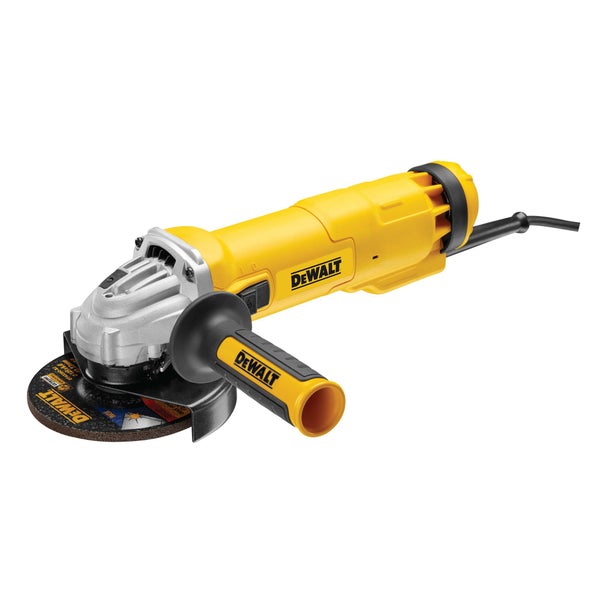 Gelber DeWALT Winkelschleifer mit silbernem Getriebekopf, schwarzem Seitengriff und Schleifscheibe.