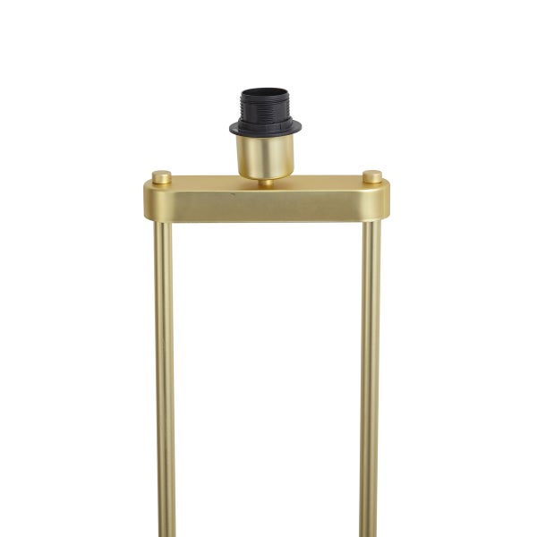 Goldfarbene Lampenfassung aus Metall mit E27-Sockel und zwei vertikalen Trägerstangen.