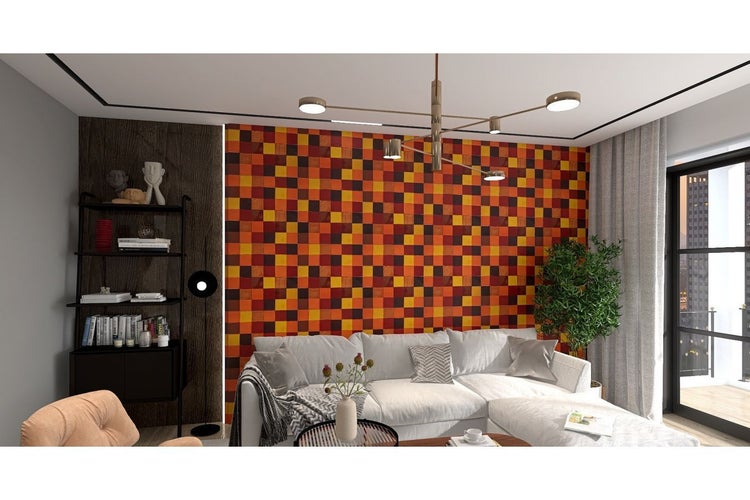 Wohnzimmer mit Sofa, Regal und Wandpaneelen im Schachbrettmuster