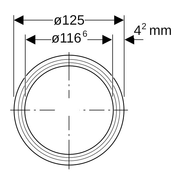 Maßskizze eines runden Produkts: Durchmesser 125 Millimeter und 116,6 Millimeter, Dicke 4,2 Millimeter.