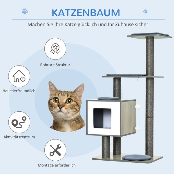 Katzenbaum mit Kratzsäulen, Liegeflächen und Katzenhaus