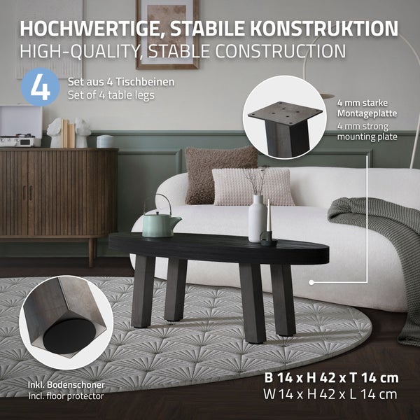 Set aus vier Tischbeinen für einen Couchtisch. Mit 4 Millimeter starker Montageplatte und Bodenschonern. Maße: 14 mal 42 mal 14 Zentimeter.