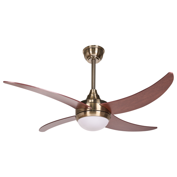 Deckenventilator mit Beleuchtung und vier Ventilatorflügeln in Holzoptik sowie Gehäuse in Metalloptik für Wohnräume
