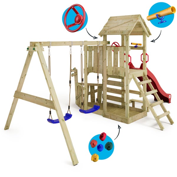 WICKEY Spielturm Klettergerüst GalleyFlyer mit Schaukel und Rutsche, Kletterturm mit Sandkasten, Kletterleiter und Spiel-Zubehör – rot