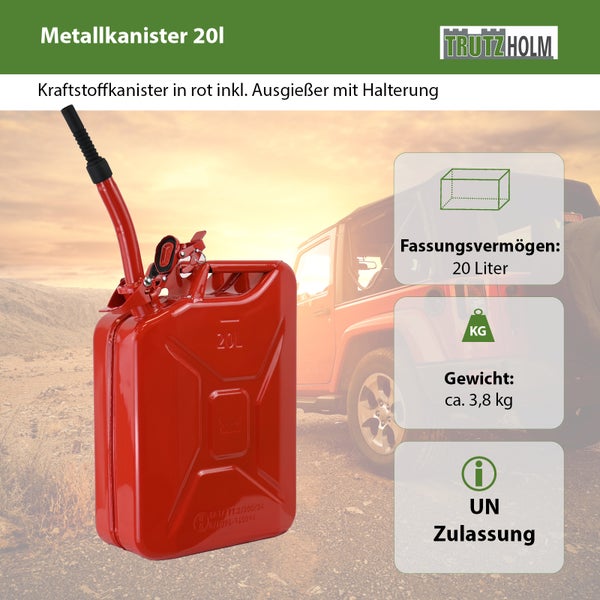 TrutzHolm Metallkanister 20 Liter Kraftstoffkanister mit Ausgießer und Halterung