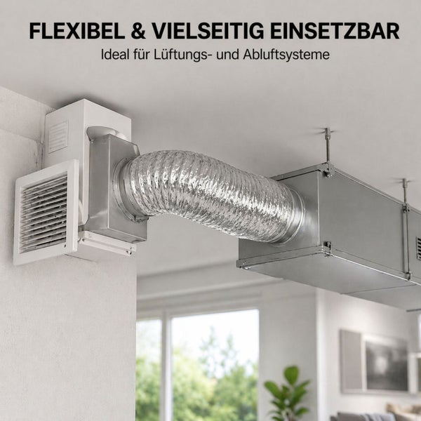 Flexibles Lüftungsrohr aus Aluminium verbindet eine Wandlüftung mit einem rechteckigen Deckenkanal in einem hellen Innenraum.
