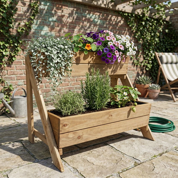 Zweistöckiges Hochbeet aus Holz auf einer Terrasse, bepflanzt mit Blumen wie Petunien sowie Kräutern wie Rosmarin und Erdbeeren vor einer Ziegelwand.