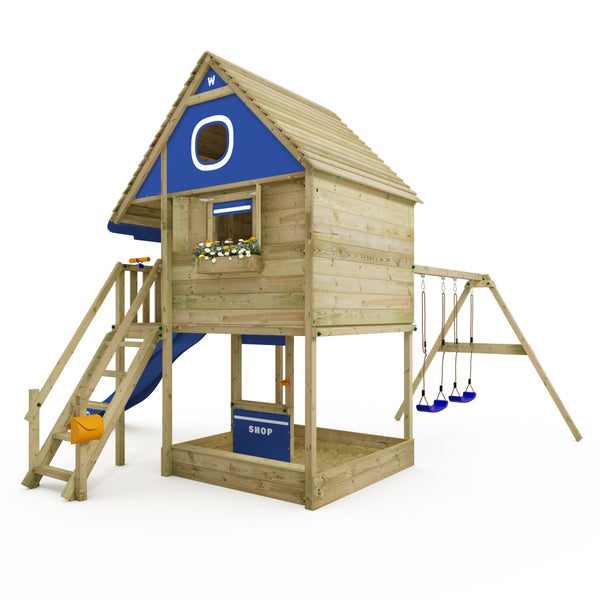 WICKEY Stelzenhaus Smart RiverHouse mit Schaukel und Rutsche,integriertem Sandkasten und großem Spielhaus mit massiver Treppe mit Handlauf, Fenstern, Rollos und Blumenkasten -  blau