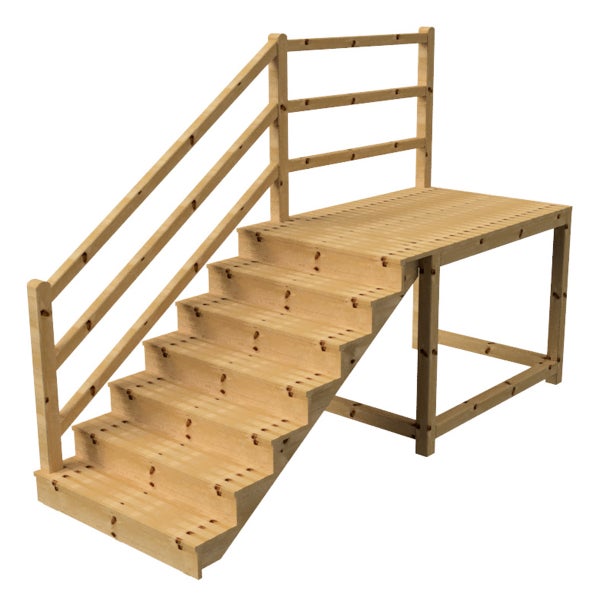 Holztreppe mit Geländer und Plattform