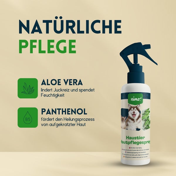nimo® Haustier Hautpflegespray • mit Aloe Vera und Panthenol gegen Juckreiz und gereizte Haut