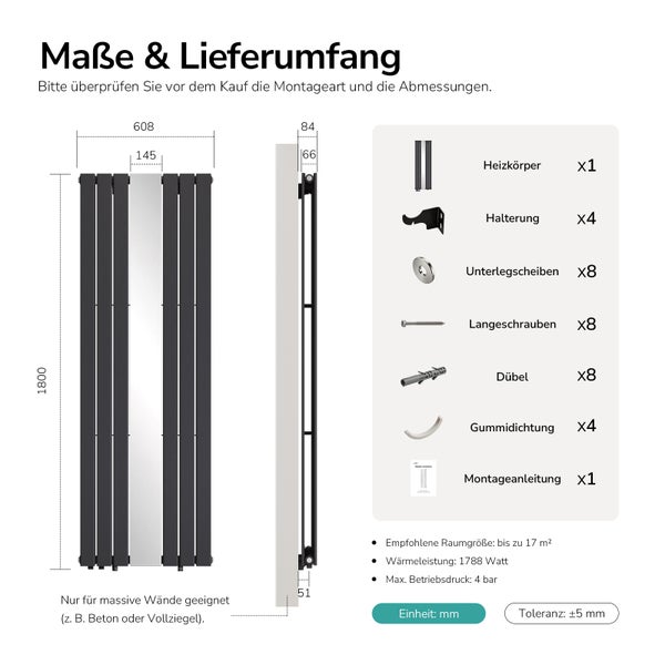 Heizkörper mit Spiegel, 1800 mal 608 Millimeter. Lieferumfang: Halterungen, Schrauben, Dübel. Leistung: 1788 Watt für Räume bis 17 Quadratmeter.