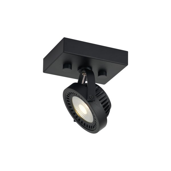 Einflammiger LED Deckenstrahler mit eckiger Montageplatte und schwenkbarem Strahlerkopf in modernem Design