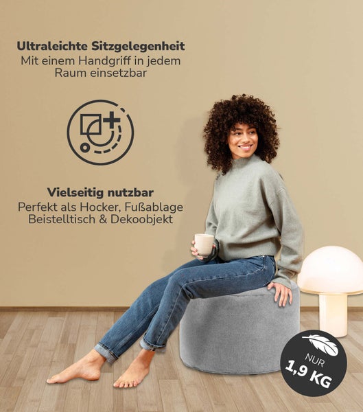 mokebo Pouf, Hocker o. Bodenkissen 'Der Ruhepouf' Sitzhocker rund und Fußhocker fürs Wohnzimmer, leichter Sitzpouf aus Stoff in Grau