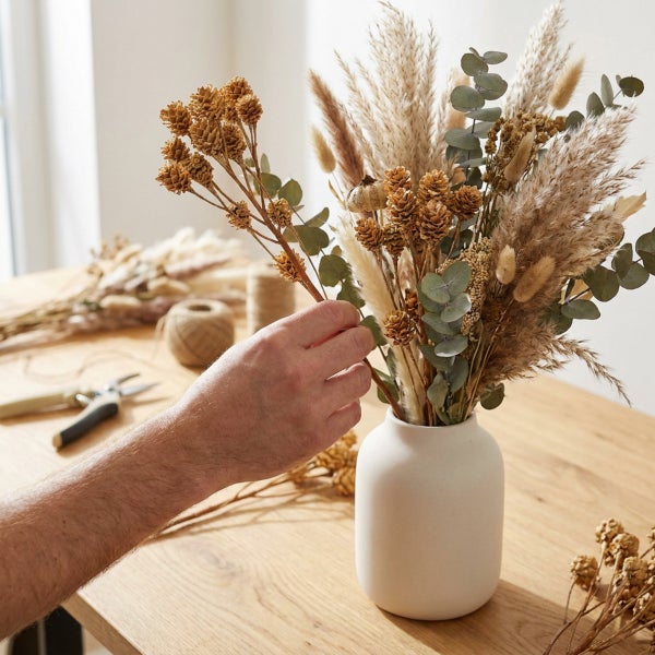 Eine Person arrangiert einen Strauß aus Trockenblumen in einer weißen Vase auf einem Holztisch.