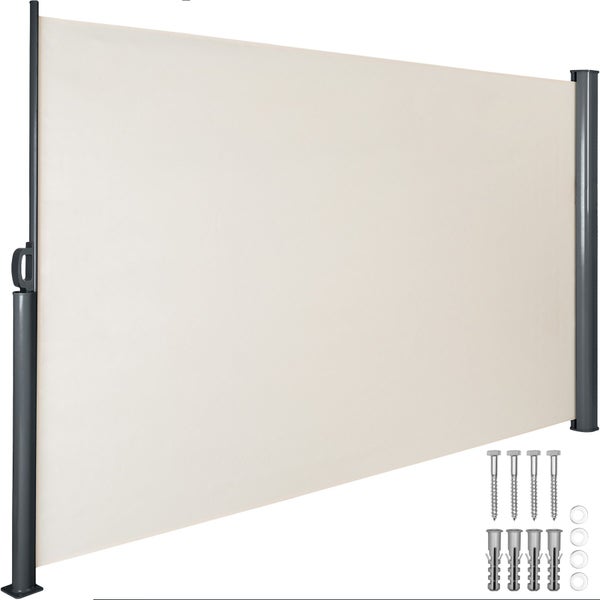 Beige ausziehbare Seitenmarkise mit anthrazitfarbenem Metallrahmen inklusive Montagematerial wie Schrauben, Dübeln und Unterlegscheiben.