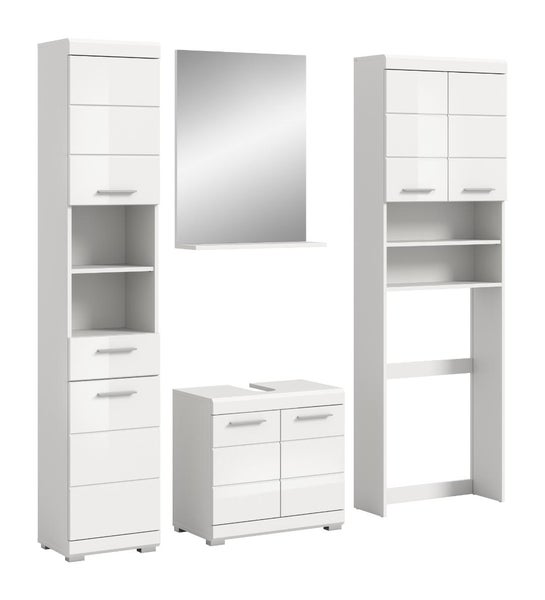 Modernes vierteiliges Badezimmermöbel-Set in Hochglanz-Weiß bestehend aus Hochschrank, Waschbeckenunterschrank, Spiegel und Überbauschrank.
