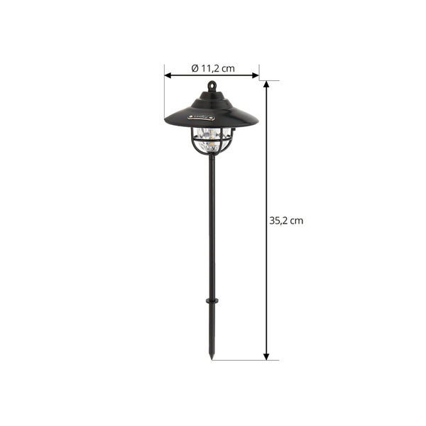 Lindby Solar-Gartenstecker in Schwarz mit Maßen: Durchmesser 11,2 Zentimeter, Höhe 35,2 Zentimeter.