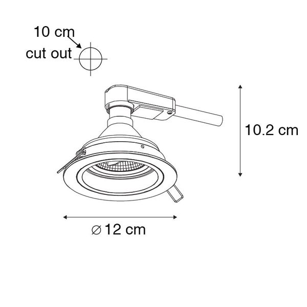 Maßzeichnung eines Einbaustrahlers mit 12 Zentimeter Durchmesser, 10,2 Zentimeter Höhe und einem Lochausschnitt von 10 Zentimeter.