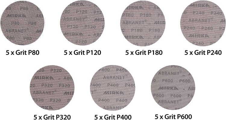 Mirka Abranet Netzschleifscheiben Ø 150mm Klett / Mix-Pack 5 von jeder Körnung 80, 120, 180, 240, 320, 400, 600 / 35 Stk / Für alle 150mm Exzenterschleifer und Schleifmaschinen