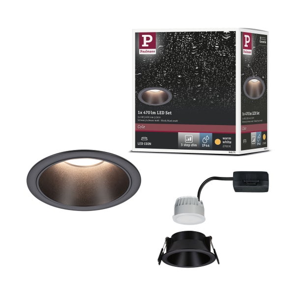 LED Einbauleuchte 3-Step-Dim Cole Coin 1er-Set IP44 rund 88mm Coin 6W 470lm 230V dimmbar 2700K Schwarz