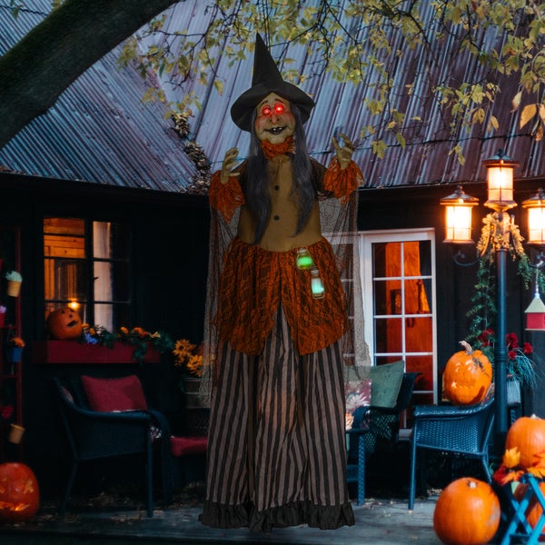 HOMCOM 183cm Halloween Dekoration Halloween-Hexe mit LED-Lichter, Soundfunktion, Haustür Deko mit verstellbare Arme, Garten Dekofigur in Lebensgröße für Party