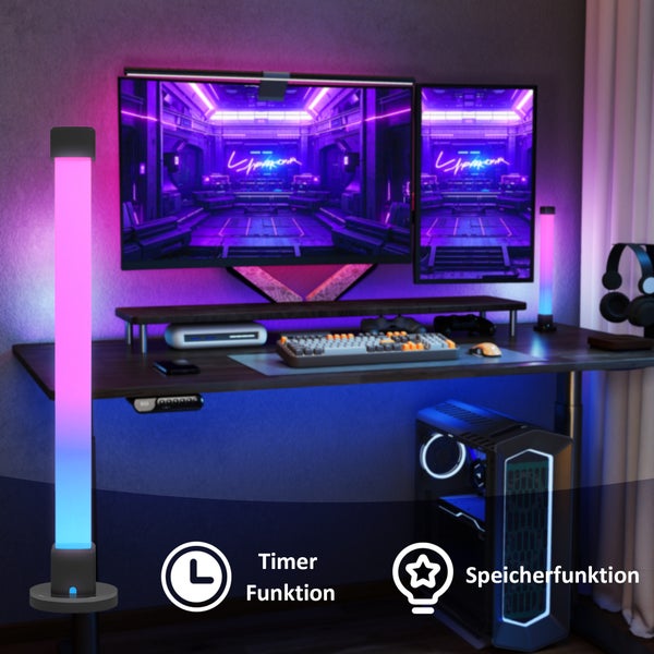 Gaming-Arbeitsplatz mit beleuchtetem Schreibtisch, PC und LED-Leuchten