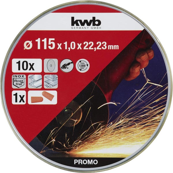 kwb Trennscheiben Dünn Winkelschleifer 115 mm Trenn-Scheibe f. Edel-Stahl INOX in Aufbewahrungs-Dose inkl. Ohrstöpsel ABM. 115 x 1 x 22,23, Ø