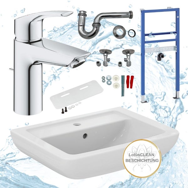 Waschtisch-Set mit Armatur, Siphon, Eckventilen, Befestigungsmaterial und Montageelement