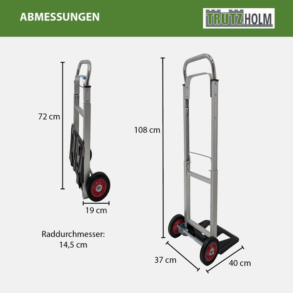 Trutzholm Sackkarre mit Maßangaben in zusammengeklapptem und ausgeklapptem Zustand sowie Raddurchmesser.