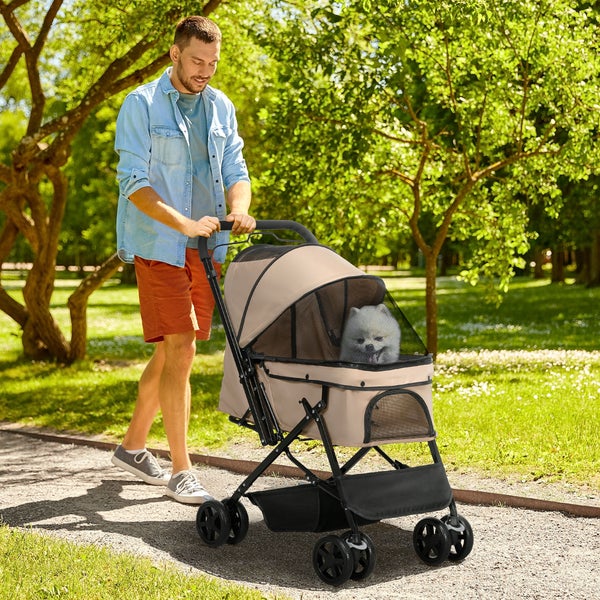 PawHut Hundebuggy Hundewagen Buggy für kleine Hunde und Katzen Haustierwagen Pet Stroller Katzenbuggy Oxford Braun 76,5 x 52 x 95 cm