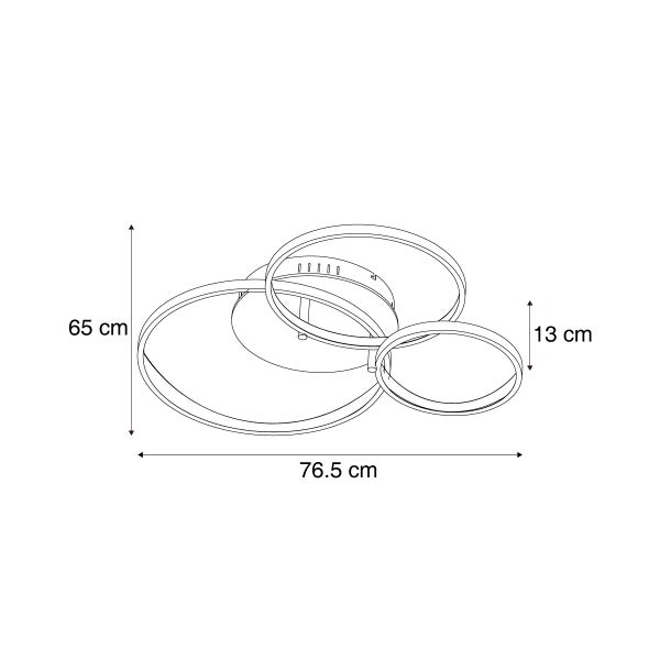 Maßzeichnung einer runden LED Deckenleuchte mit drei ineinander verschlungenen Ringen, Maße 76,5 cm mal 65 cm mal 13 cm.